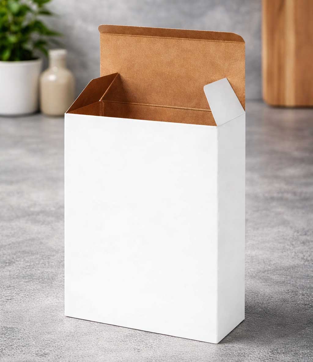 Custom folding box on gray countertop for retail packaging
