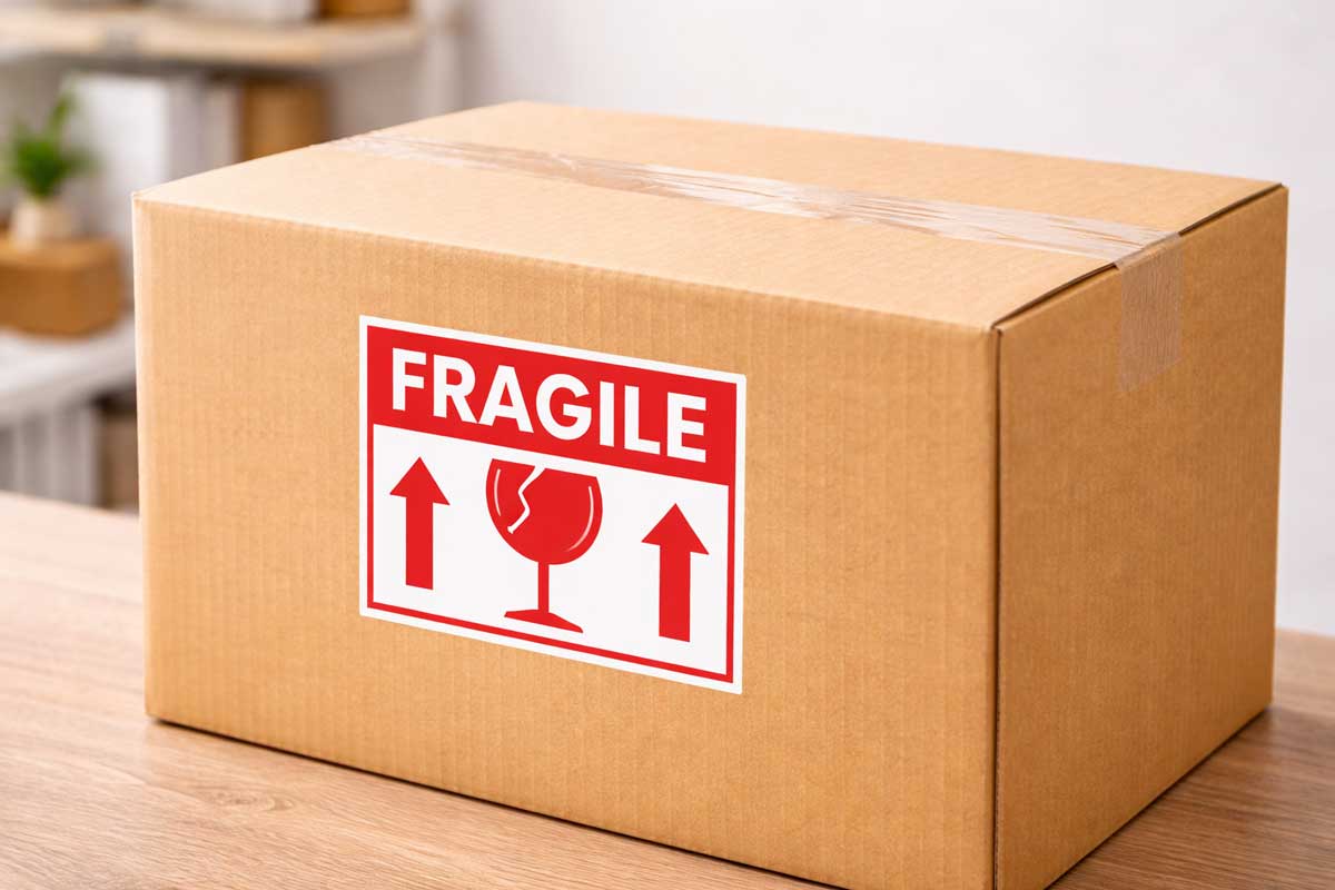 Fragile warning label applied to a shipping box