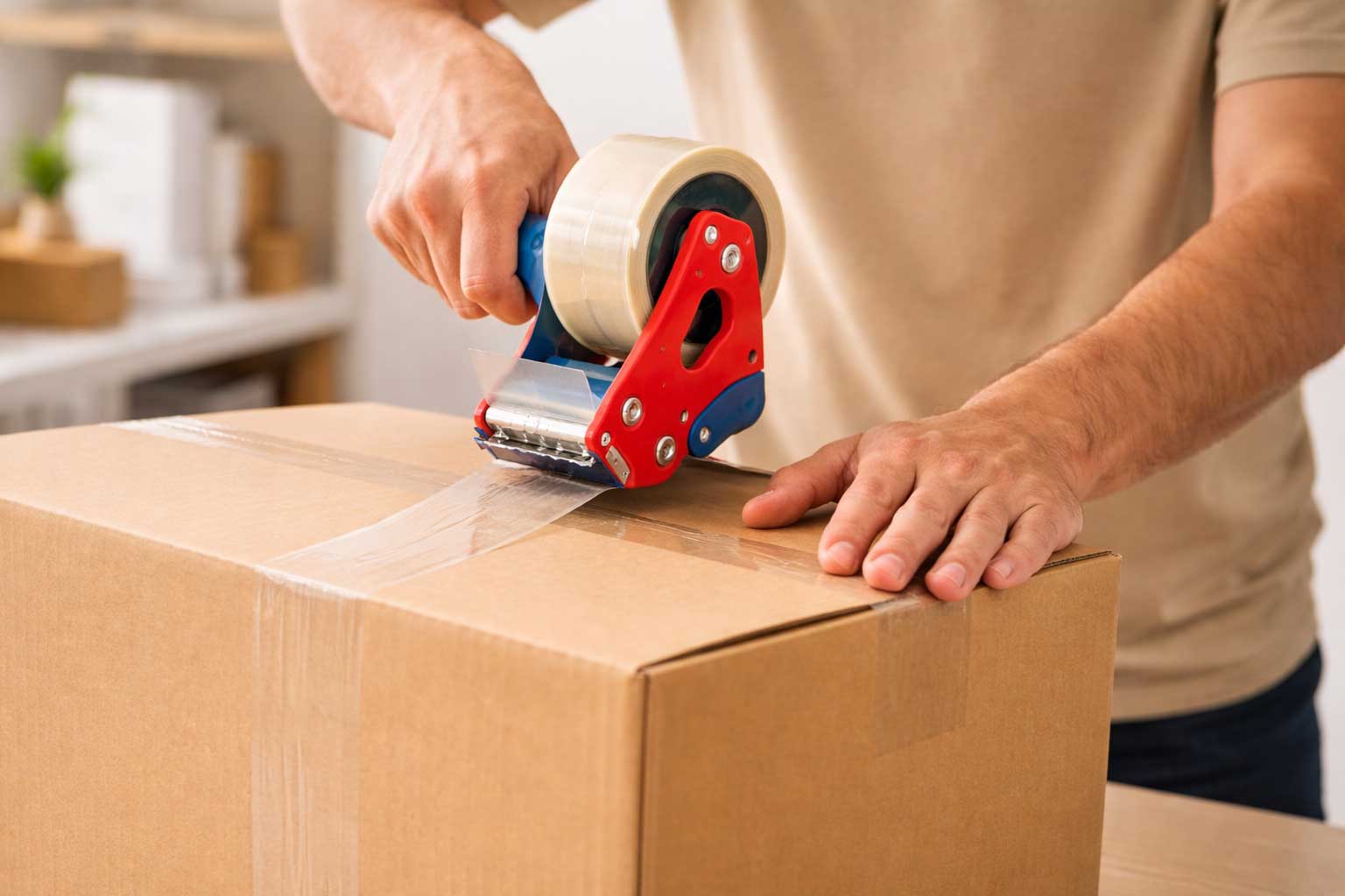 Sealing a shipping box with clear packing tape