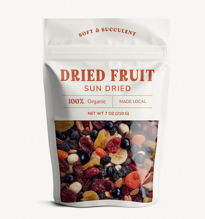 Dried fruit in a custom stand-up flexible packaging pouch